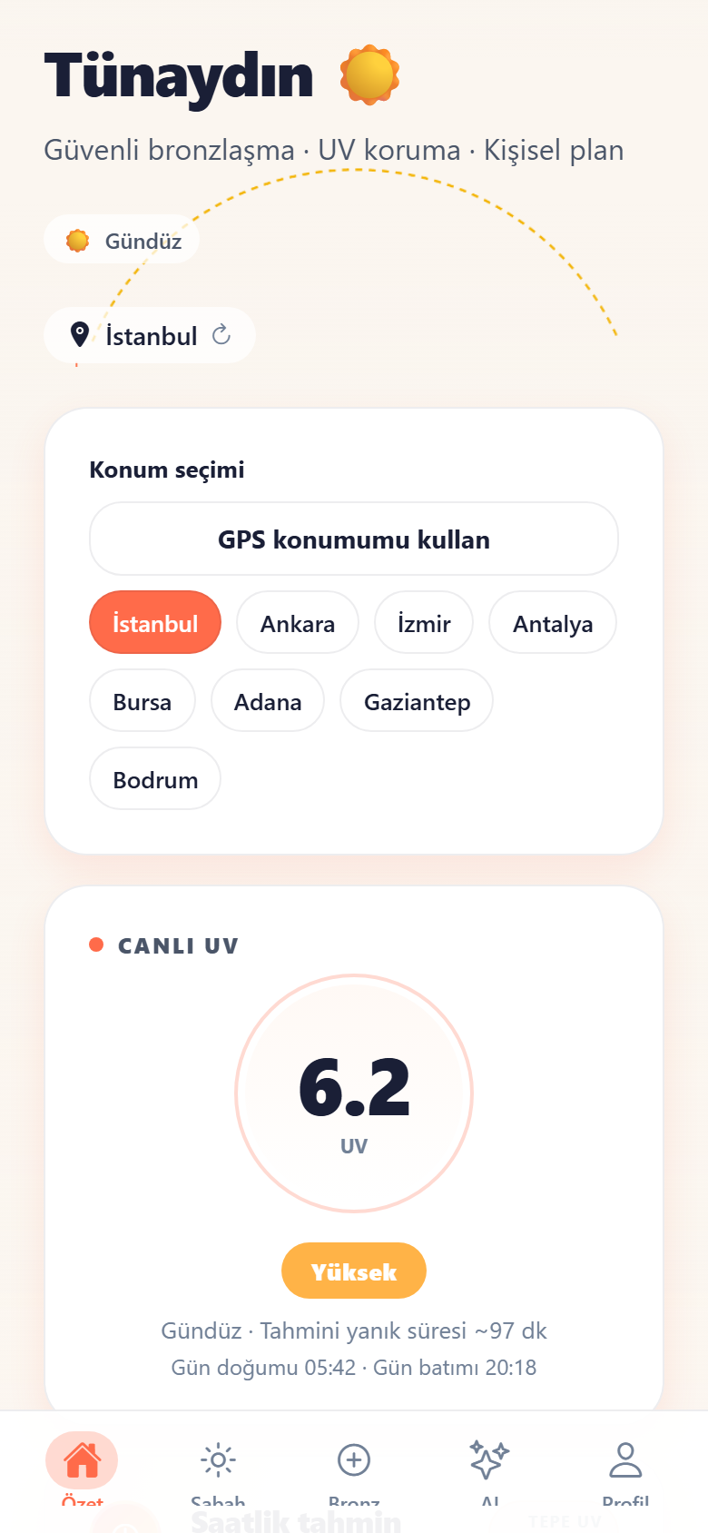 SunBuddy canlı UV ve saatlik tahmin ekranı